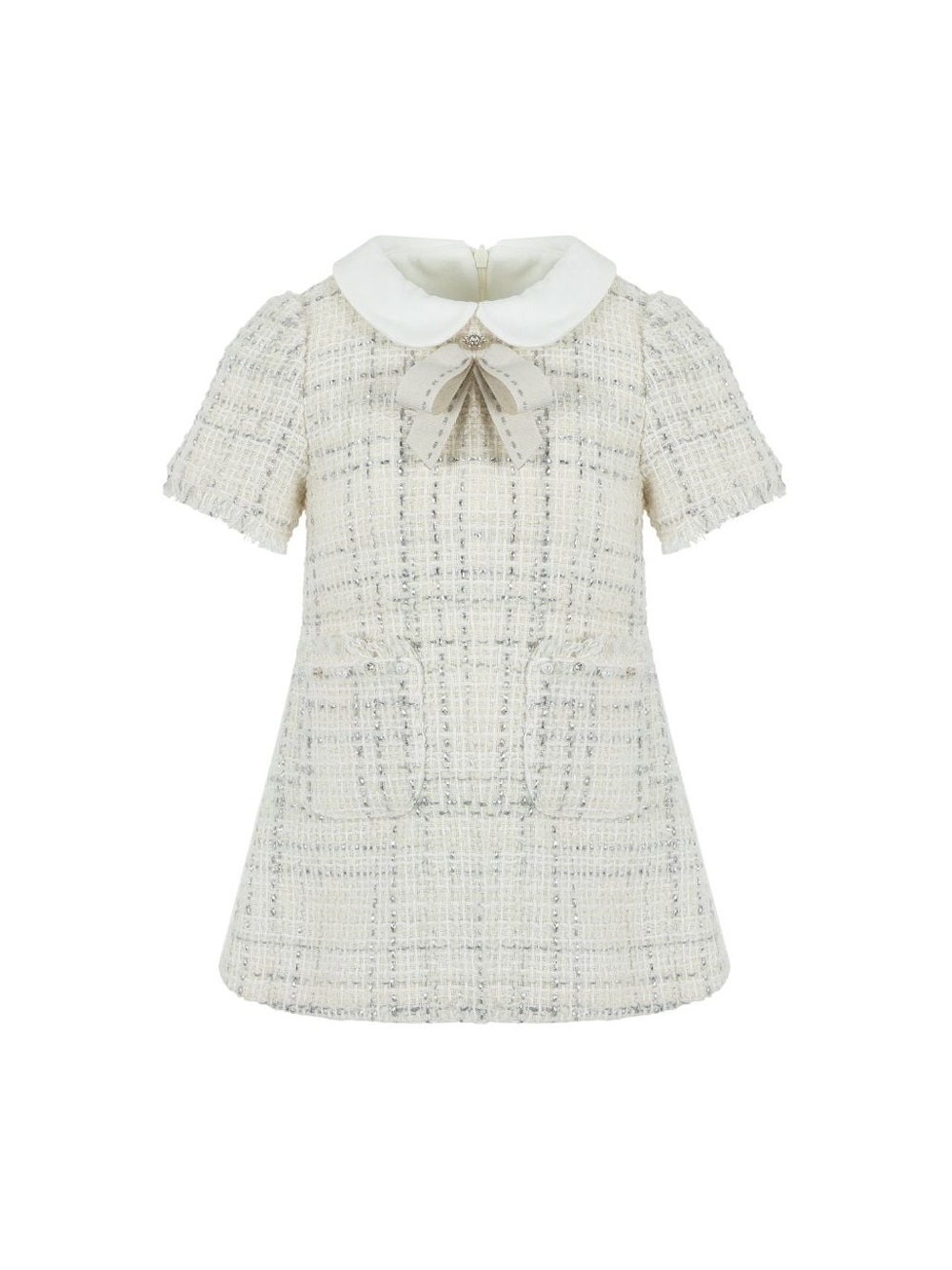 Girls' Cream Lapin House Tweed Dress with Peter Pan Collar and Bow Accent